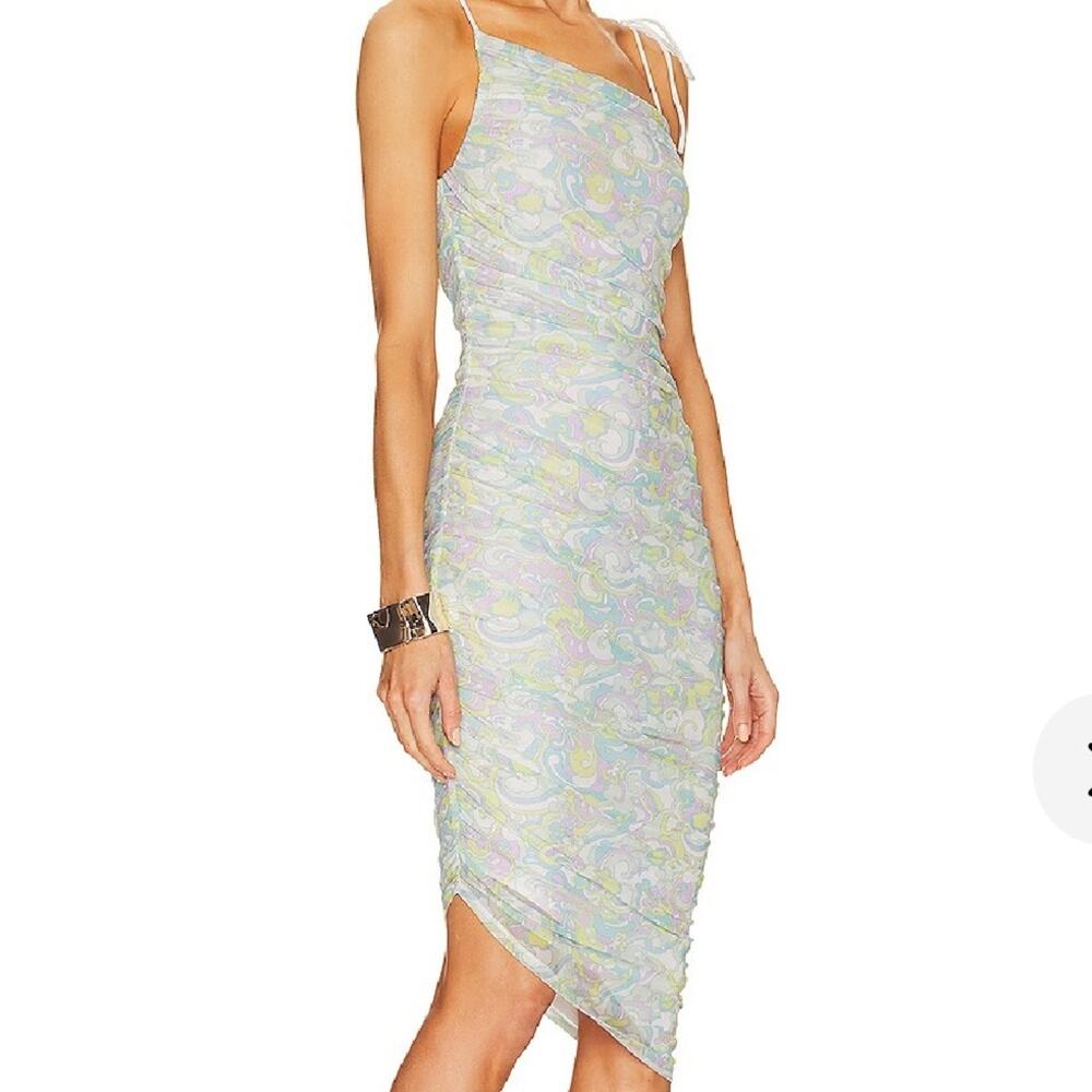 Lovers + Friends Ruched Midi Dress Fetch Floral Mesh XL Revolve bodycon stretch